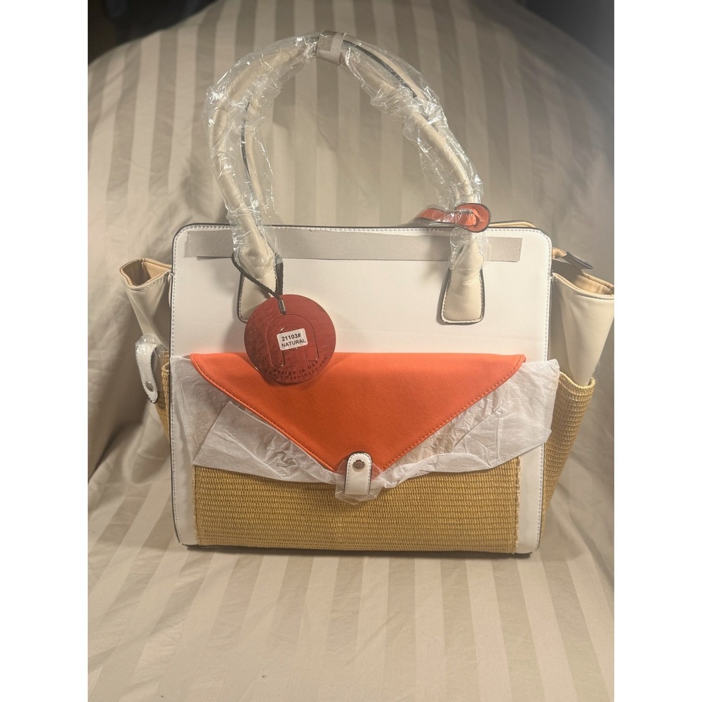 Nila Anthony Natural Tote Bag White Orange Woven Straw Satchel Handbag 21103#